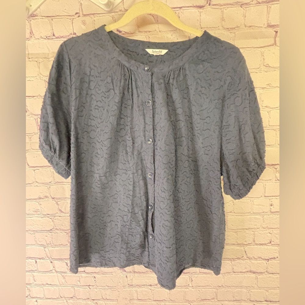 Splendid Pierce Navy Boho Button Up Short Puff Sleeve Jacquard Pattern Blouse L